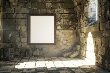 Pixel Perfect Image of 3D Render of an Old Stone Room Interior with Blank Canvas on the Floor