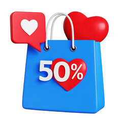 Shopping bag with hearts and a discount label. cut out. transparent background
