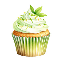 A decorated cupcake topped with green frosting and garnished with leaves. cut out. transparent background