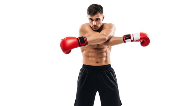 Boxer Stretching Arms Wearing Red Gloves on White