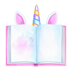 An open book with unicorn ears and a colorful horn emerging from its pages. cut out. transparent background