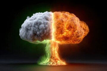 Mushroom cloud half fire and half smoke isolated against a black background