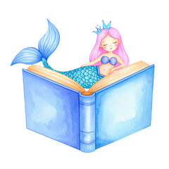 A whimsical mermaid resting on an open book, showcasing vibrant colors and playful design. cut out. transparent background