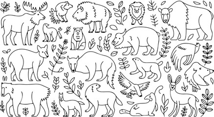 Obraz premium Black and White Line Art Animal Illustrations Featuring Moose Bison Bear Wolf and Other Wildlife with Simple Floral