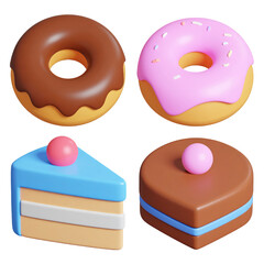 Four colorful, stylized desserts including donuts and cakes with various toppings. cut out. transparent background