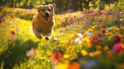 A dog running through a vibrant, flower-filled meadow, with the sun casting long shadows on the grass. The scene is serene and full of life, with wildflowers in bloom surrounding the happy dog. 