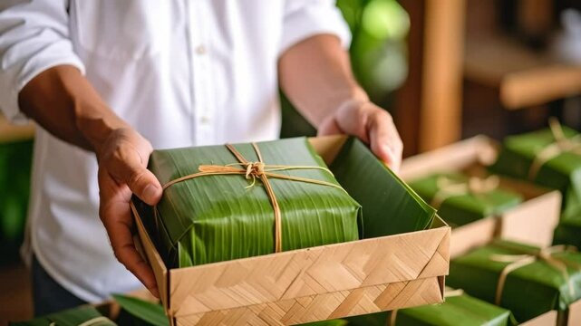 A person holds an eco-friendly gift box wrapped in green banana leaves and tied with natural twine.