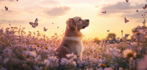 A dog sitting in the middle of a field of wildflowers, with butterflies fluttering around the flowers and the sky painted in soft pastel colors during sunset. 