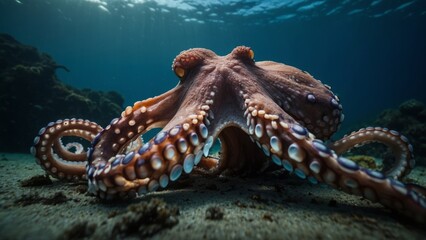 Octopus underwater resting on the sandy sea floor with clear blue water