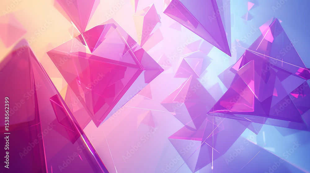 Poster translucent polygon clusters float in vibrant space, creating mesmerizing visual effect with shades 