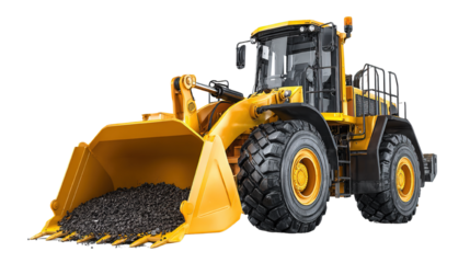 Powerful Yellow Wheel Loader with a Full Bucket on a Black Background