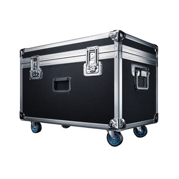 Robust black container with metal hardware for secure equipment storage and transportation