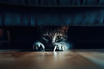 A cat??s claws extending out from beneath a dark velvet sofa, barely catching the light as they scrape against the wooden floor. 