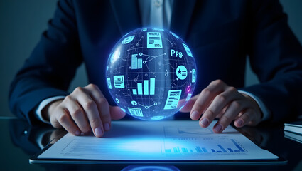 Glowing holographic globe with digital business and data icons floating above a reflective surface and surrounded by a businessman's hands in a dark futuristic environment
