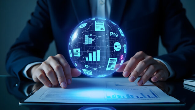 Glowing holographic globe with digital business and data icons floating above a reflective surface and surrounded by a businessman's hands in a dark futuristic environment
