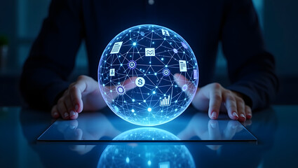 Glowing holographic globe with digital business and data icons floating above a reflective surface and surrounded by a businessman's hands in a dark futuristic environment
