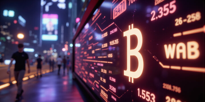 A futuristic, non-copyrighted crypto symbol glowing against an abstract backdrop of blockchain data connections, where market prices and cryptocurrency charts