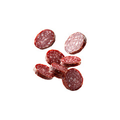 Traditional multiple slices of Spanish chorizo sausage,deep red-orange color,isolated on transparent background, PNG