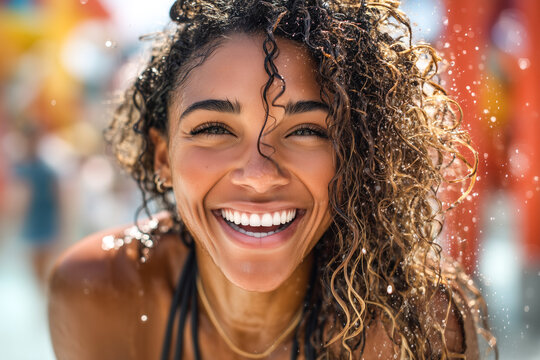 Smiling biracial woman with curly hair enjoying a summer day at a water park. Concept of carefree joy, leisure, and vacation fun