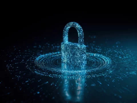 Cyber Security Lock Surrounded by Binary Stream in Tech Interface