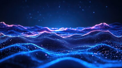 Ethereal digital landscape, shimmering blue peaks and valleys in cosmic space