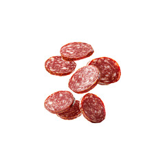 Authentic multiple slices of Spanish chorizo sausage, deep red-orange color, isolated on transparent background, PNG