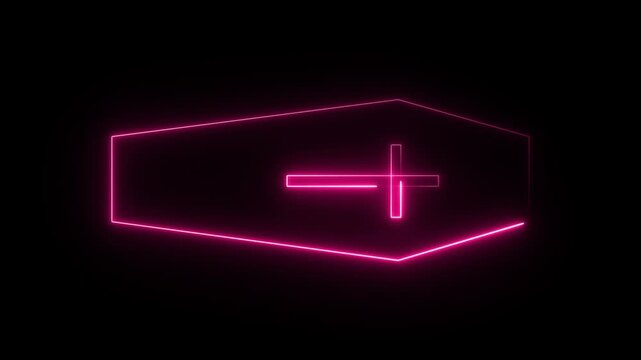 Coffin with cross icon in neon line style. Death symbol 4k