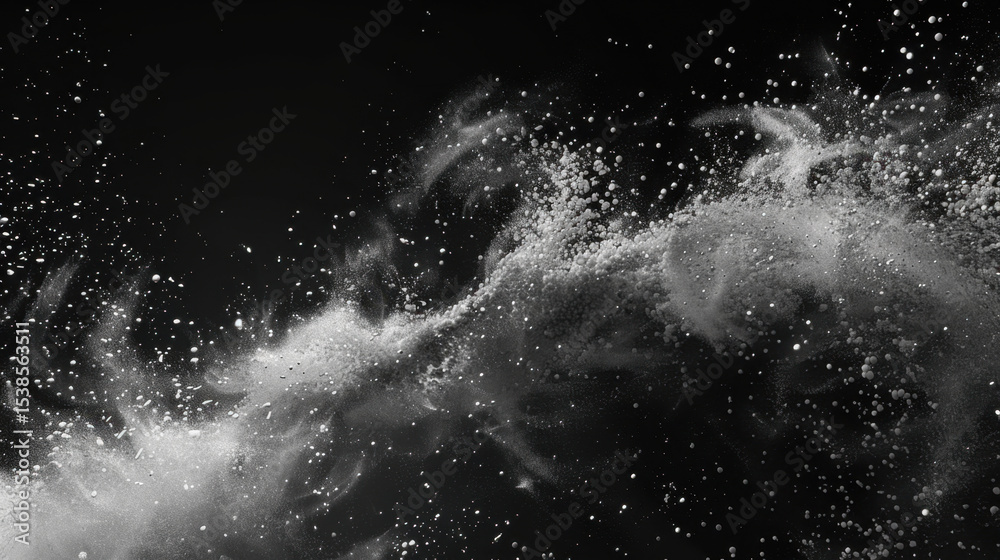 Poster dynamic abstract image showcasing scattered particles creating sense of movement and energy against 