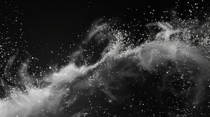 Dynamic abstract image showcasing scattered particles creating sense of movement and energy against dark background. visual evokes feelings