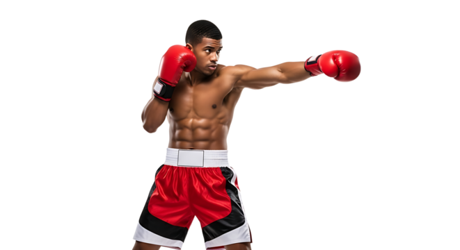 Boxer Punching with Red Boxing Gloves in Studio Shot