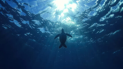 Fototapeta premium Sea turtle gliding gracefully through open ocean, illuminated by sunlight filtering through water surface, creates serene and captivating scene