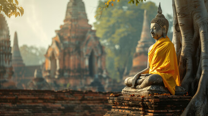 Serene Buddha statue under tree with blurred ancient temples in background, evoking sense of peace and tranquility