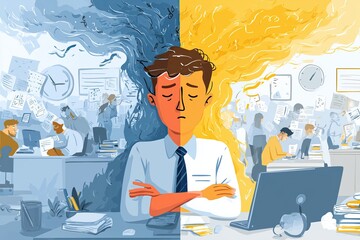 Concept illustration showing stressed man in chaotic office and calm office on either side representing burnout