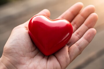 Fototapeta premium Hand Holding a Smooth Red Heart Symbolizing Love and Care