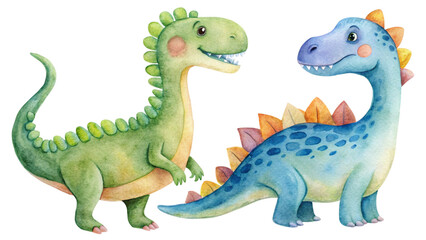 Fototapeta premium Cartoon Dinosaurs – Green and Orange Duo Illustration Transparent Background