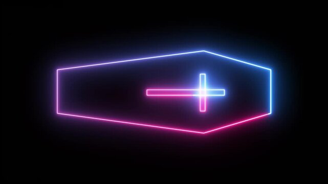 Coffin with cross icon in neon line style. Death symbol.