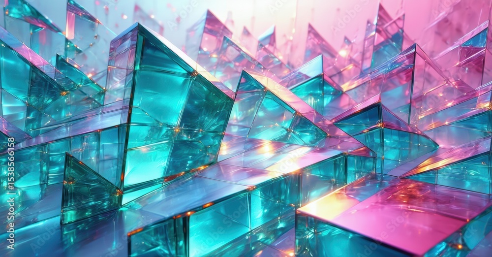 Poster abstract crystal formations, vibrant hues, light reflections create futuristic landscape. complex ge