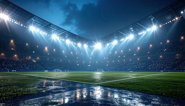View of a soccer stadium with floodlights and rain