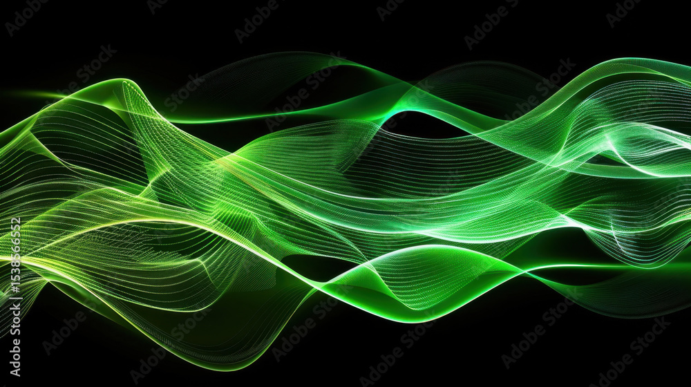 Poster smooth tech waves flowing motion over deep gradient, creating mesmerizing visual effect. vibrant gre