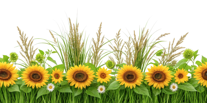 Sunflowers and Wild Grass Flower Border, Cut Out
