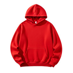 Red hoodie with a front pocket and a drawstring hood. The garment is displayed on a transparent background, showcasing its vibrant color and casual style.