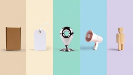 Cardboard box, tag, webcam, megaphone, wooden figure -5 pillars of marketing mix concept illustrated with colorful icons and labels. 5P : product, price, place, promotion, people.  