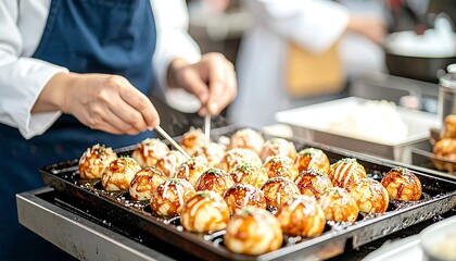Delicious Takoyaki Preparation A Street Food Vendor Skillfully Cooks Japanese Octopus Balls