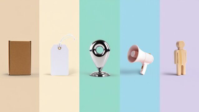 Cardboard box, tag, webcam, megaphone, wooden figure -5 pillars of marketing mix concept illustrated with colorful icons and labels. 5P : product, price, place, promotion, people.  