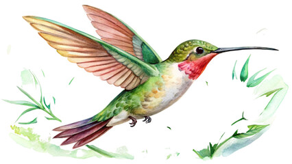 Obraz premium Colorful Hummingbird in Flight Watercolor Illustration Transparent Background