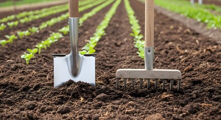 Gardening Tools in Rows of Lush Green Seedlings: Shovel, Rake, Soil, Spring Planting