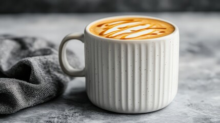 A creamy latte with artistic caramel drizzle sits in a textured white mug on a gray stone surface beside a cloth napkin.