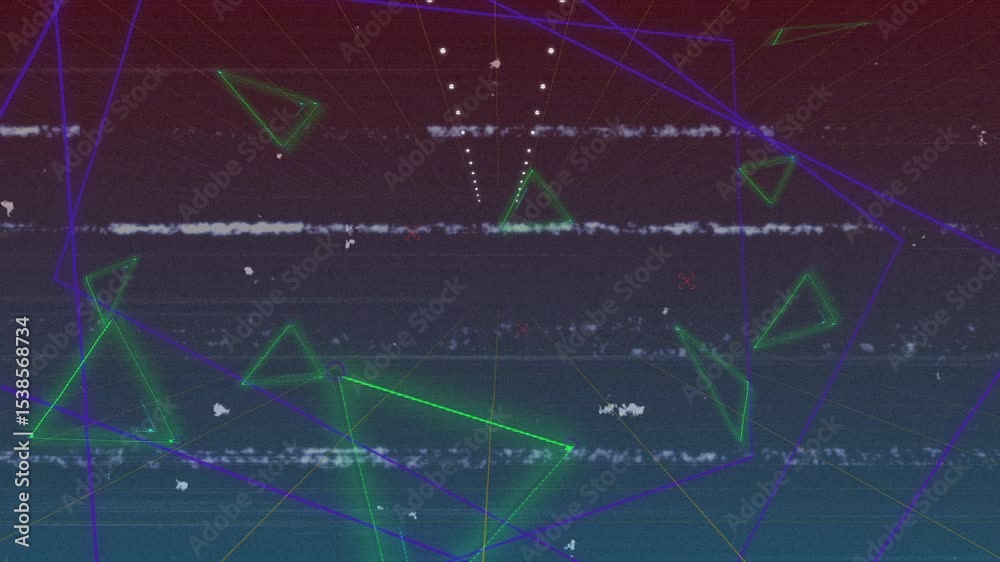 Poster fading gradient causing wireframe triangles tilting with glitch line, grid overlay in virtual space