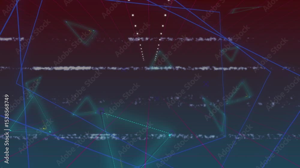 Poster pulsing wireframe network rotating in space, triggered by gradient shift with glitch bars and dots