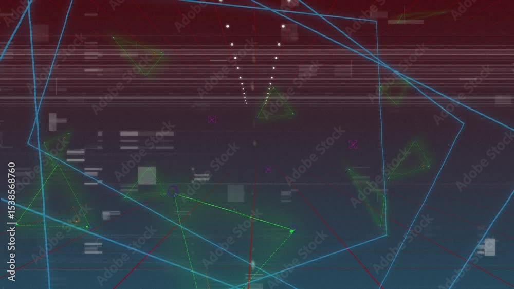 Poster on startup, wireframe mesh moving forward through virtual grid, glitching lines and pixels